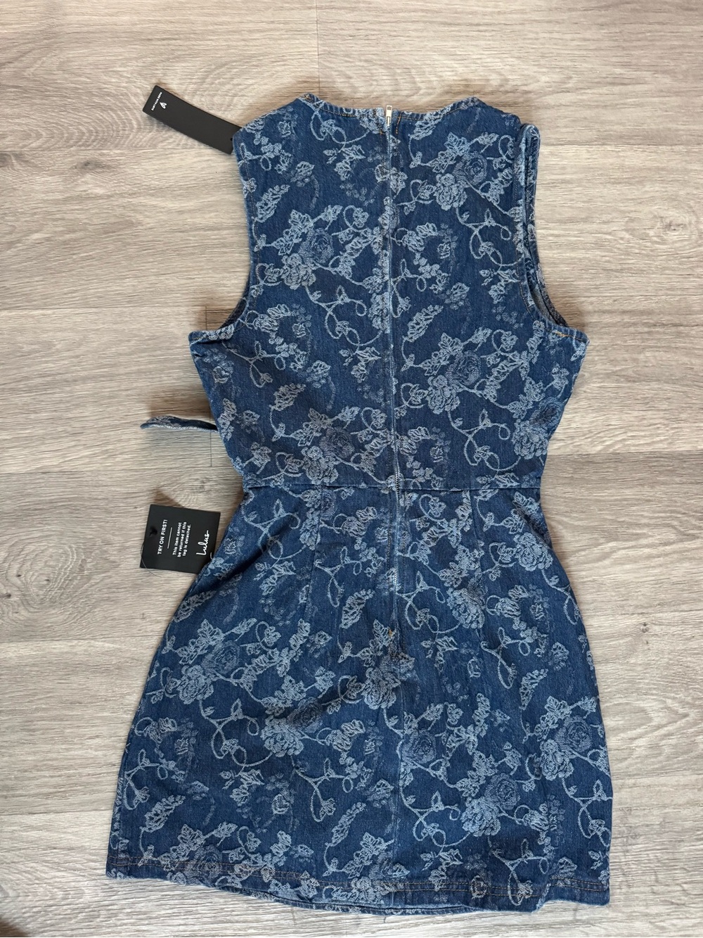 Lulu's Albena Dark Wash Floral Denim Sleeveless Mini Wrap Dress - Picture 3 of 6